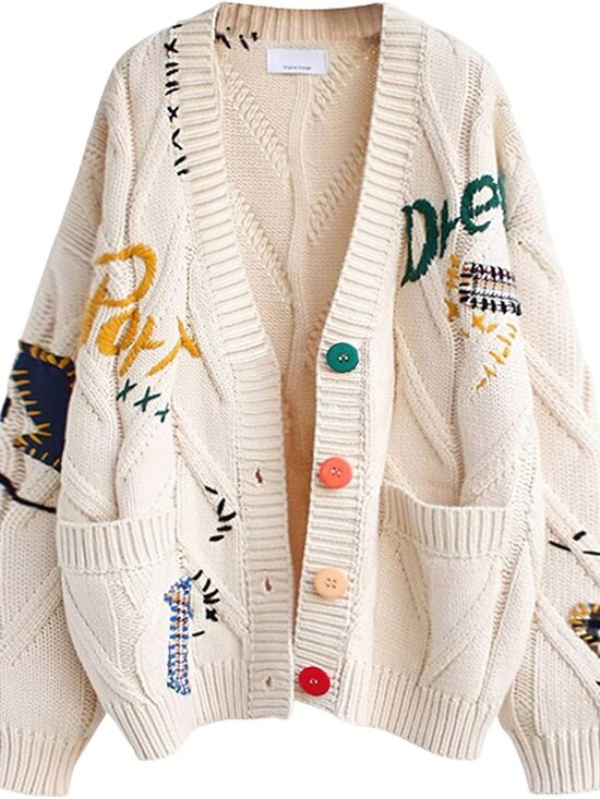 Sweaters - Women's Cable Knit Long Sleeve Open Front Cardigan Sheep V-Neck Button Down Embr
